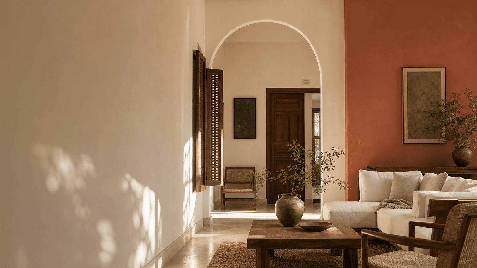 Warm contemporary interior finished in ivory and terracotta paint